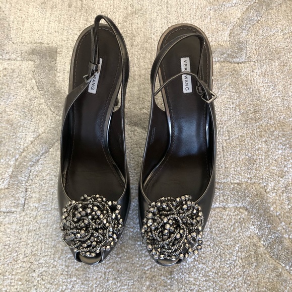 Vera Wang Shoes - Vera Wang peep toe high heels, gunmetal & beads